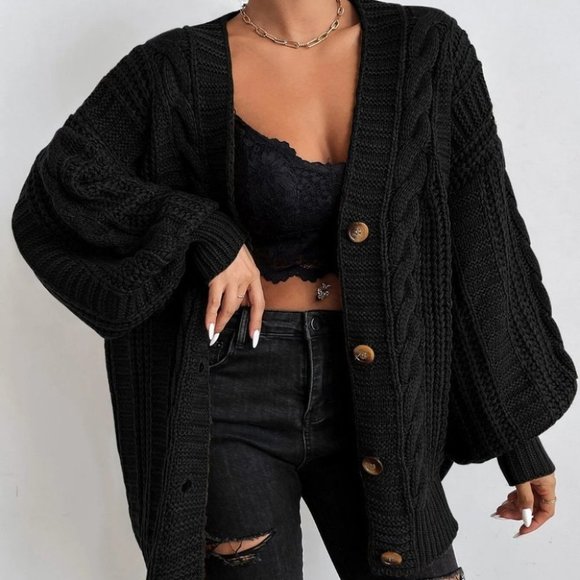 Black Womens Cable Knit Cardigan - Picture 2 of 4